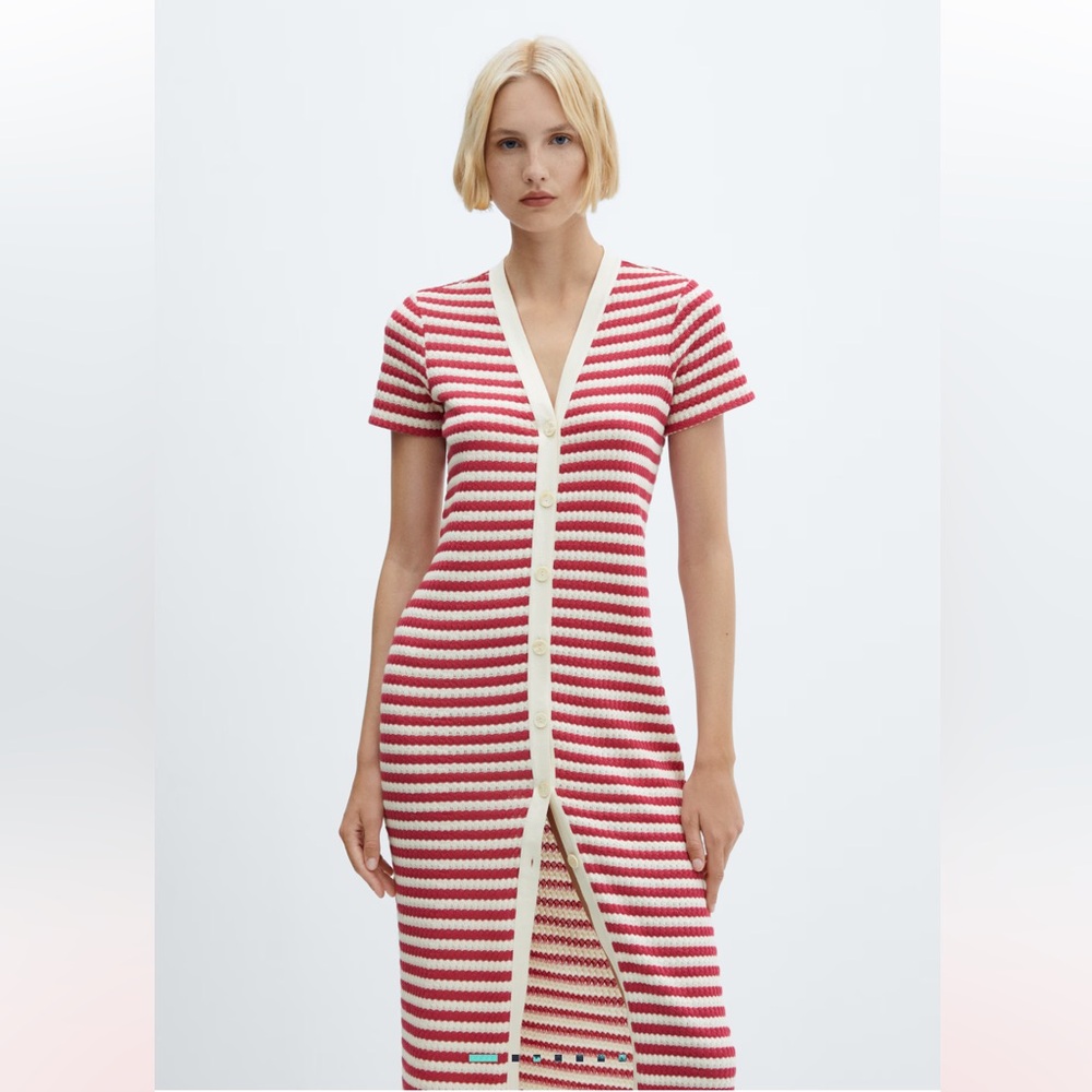 Mango Red and White Striped Midi Dress